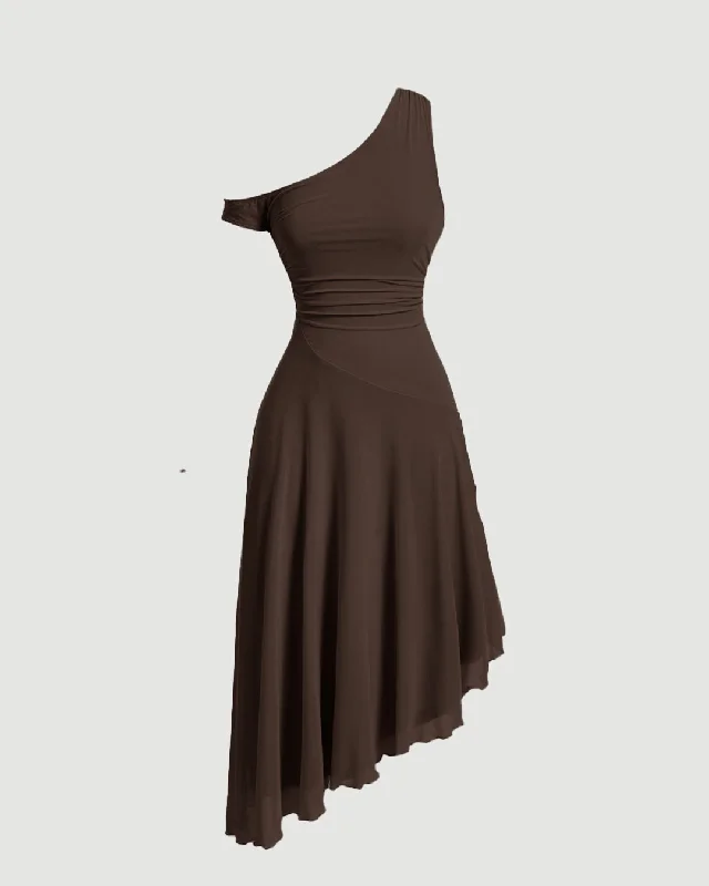 Y2K Style Asymmetric Neck Short Sleeve Brown Dress