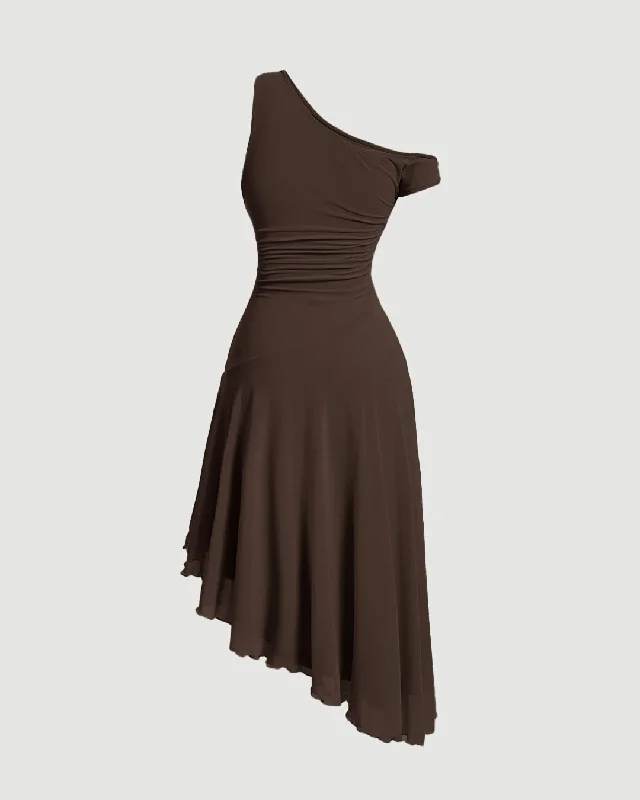 Y2K Style Asymmetric Neck Short Sleeve Brown Dress