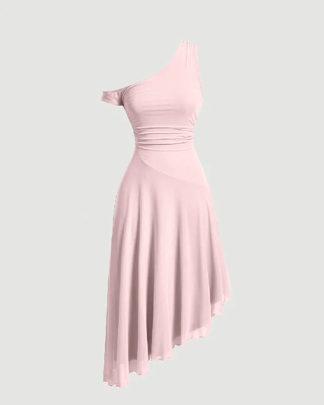 Y2K Style Asymmetric Neck Short Sleeve Light Pink Dress