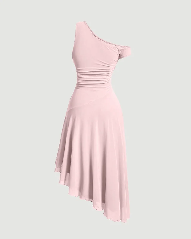 Y2K Style Asymmetric Neck Short Sleeve Light Pink Dress