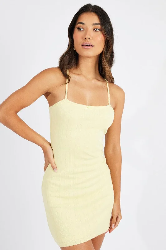 Yellow Mini Dress Sleeveless Bodycon Pointelle