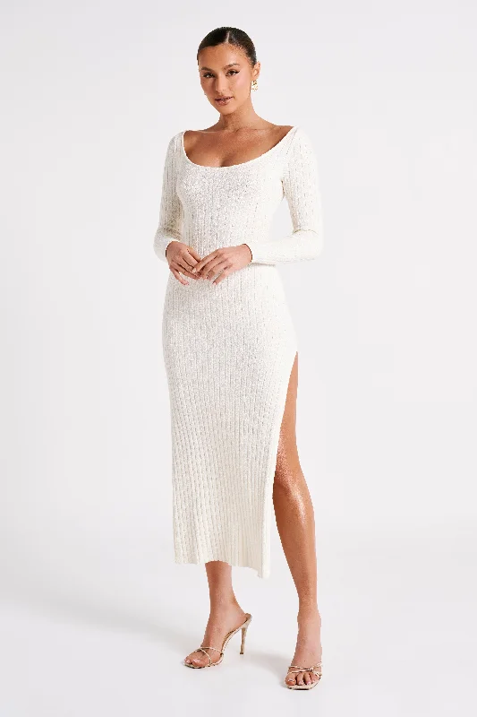 Zinnia Knit Maxi Dress With Split - White