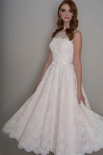 A-Line Appliqued Sleeveless Long Scoop Lace Wedding Dress With Illusion Back