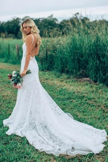 A Line Bohemian Low V Back Full Lace Beach Garden Bridal Gowns