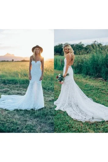 A Line Bohemian Low V Back Full Lace Beach Garden Bridal Gowns