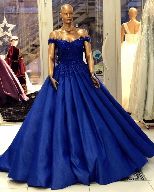 Appliques Prom Dresses Satin Ball Gown Off Shoulder