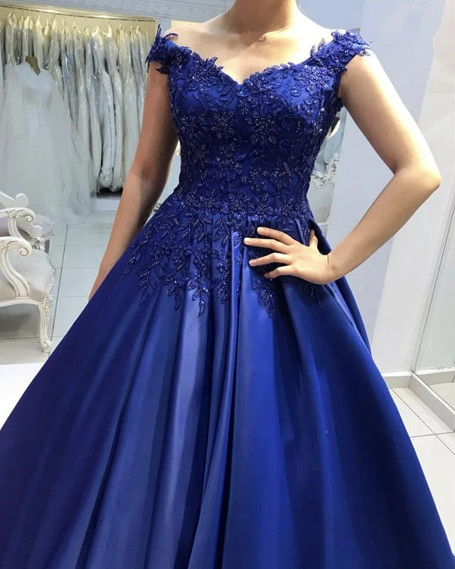 Appliques Prom Dresses Satin Ball Gown Off Shoulder