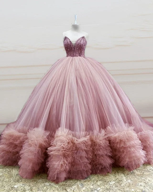 Stunning Beaded Strapless Tulle Ball Gown Ruffles Dresses