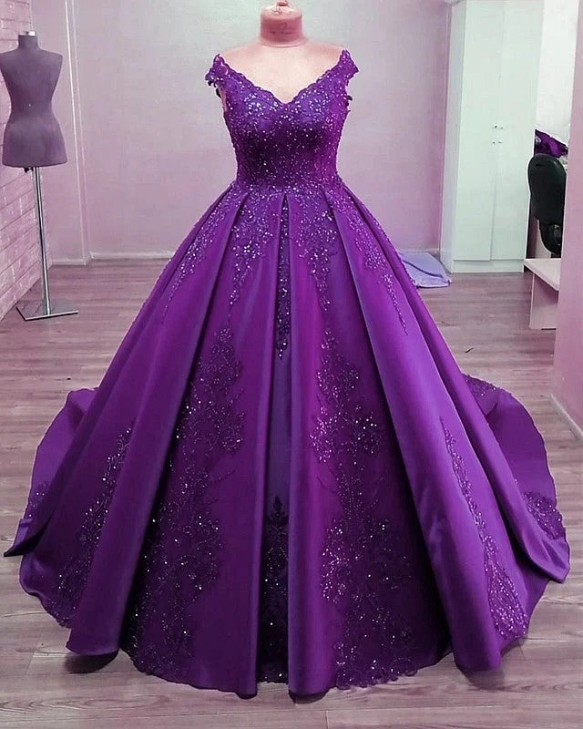 Ball Gown Quinceanera Dresses Sequins Lace V Neck