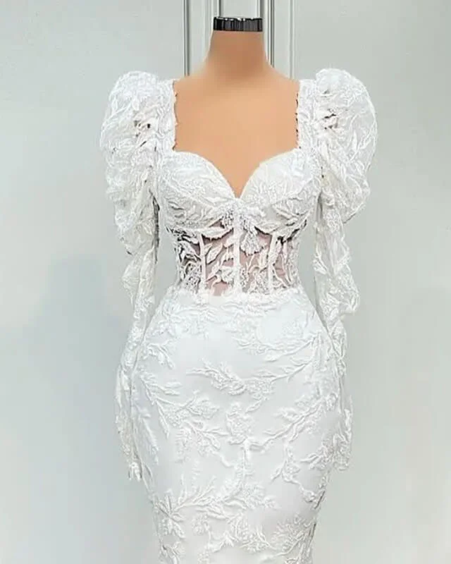 80s Style Wedding Dress Mermaid Lace Puffy Sleeves