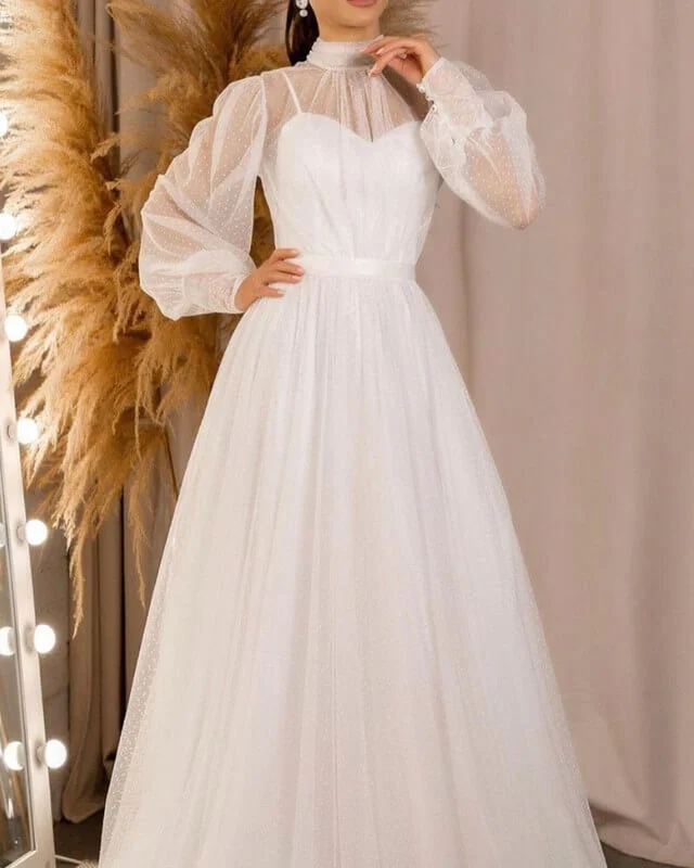 Flowy Tulle Long Sleeve Boho Wedding Dress