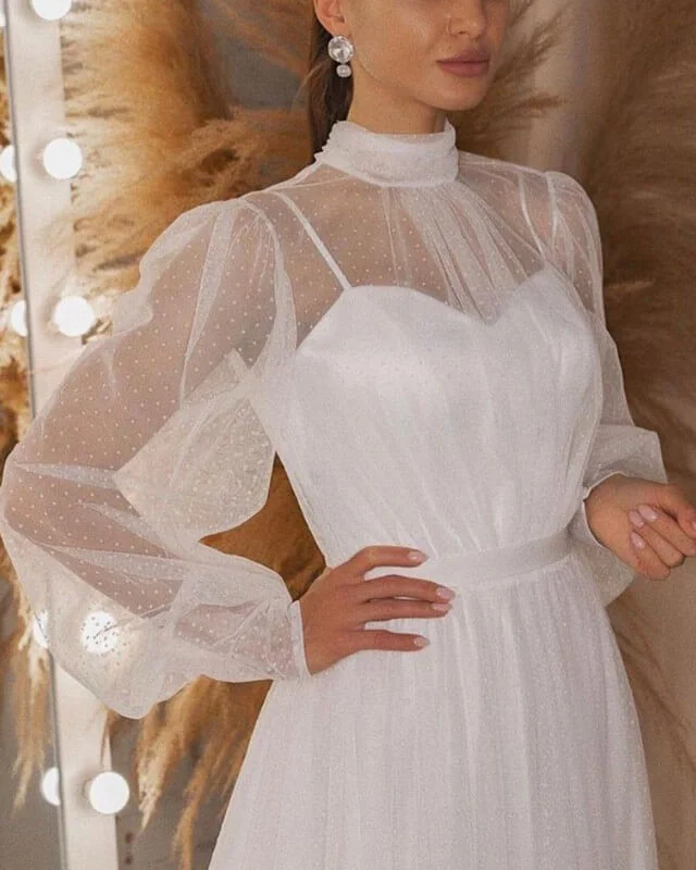 Flowy Tulle Long Sleeve Boho Wedding Dress