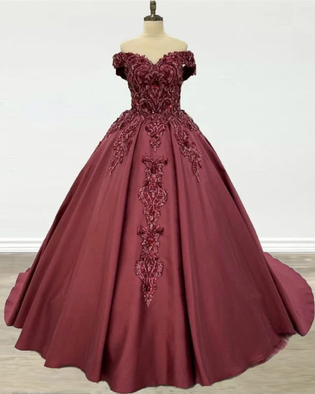 Ball Gown Off The Shoulder Satin Dresses With 3D Lace