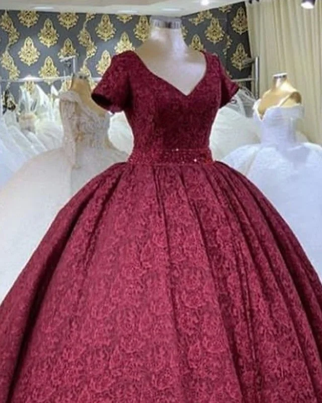 Ball Gown V Neck Lace Dress With Sleeves