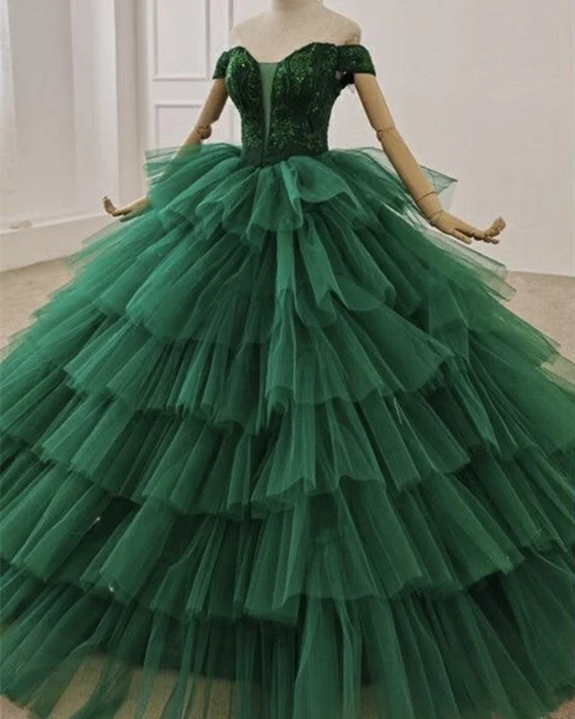 Ball Gown Ruffles Dresses Off The Shoulder Lace Beaded