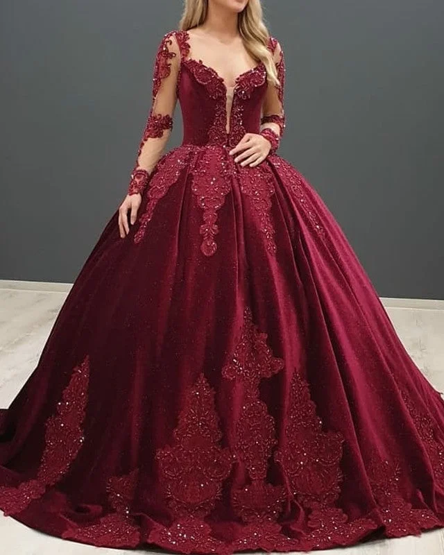 Ball Gown Velvet Dresses Long Sleeves Appliques