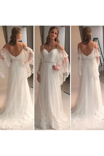 Backless Lace Sheer Long Sleeves Lace Beach Bohemian Wedding Bridal Gown