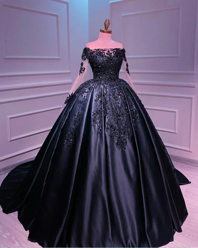 Ball Gown Appliques Long Sleeve Satin Dress