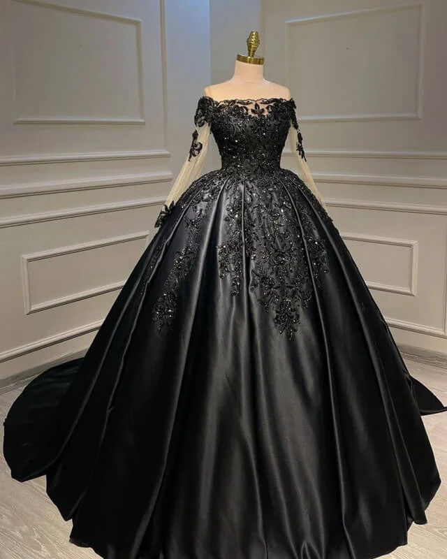 Ball Gown Appliques Long Sleeve Satin Dress