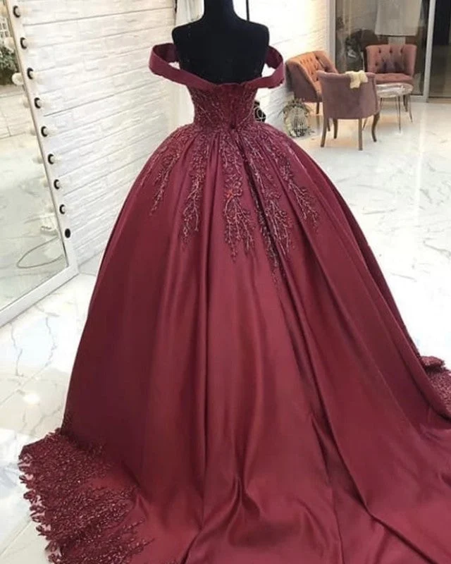 Ball Gown Satin Dress Off The Shoulder Lace Appliques