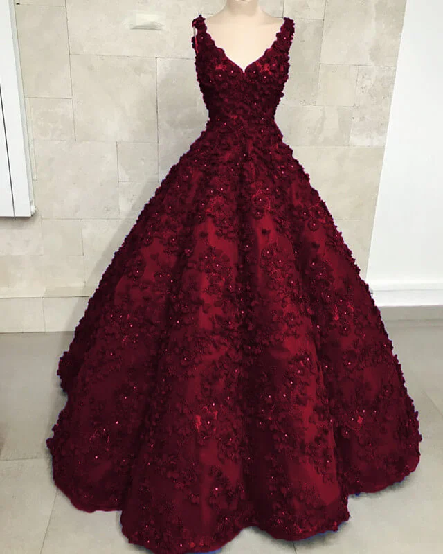 Ball Gown V Neck 3d Lace Dress