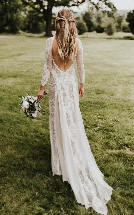 Bateau-neck Lace Long Sleeve Boho Deep-v Neck Wedding Dress