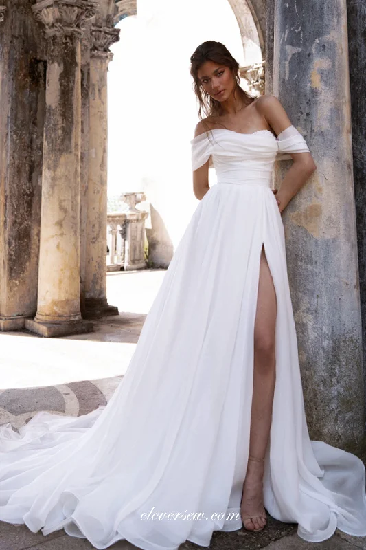 Beaded Neckline Ivory Chiffon Off The Shoulder Side Slit Wedding Dresses, CW0331