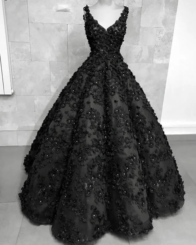 Black 3D Flowers Wedding Dresses V-neck Ball Gown