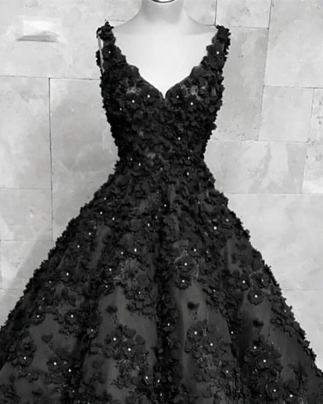 Black 3D Flowers Wedding Dresses V-neck Ball Gown