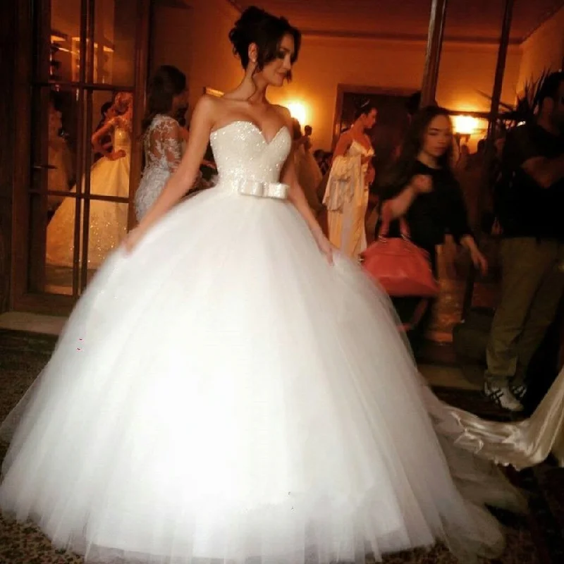 Bling Bling Sequin Beaded Sweetheart Bow Sashes Tulle Ball Gown Wedding Dresses