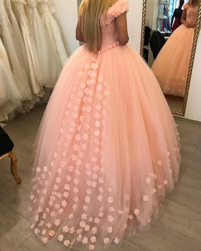 Blush Pink Flower Wedding Dresses Ball Gowns With Sequins Beaded Corset