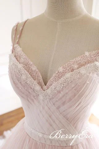 Blush Pink Lace Tulle Wedding Dresses, Beaded Wedding Dresses, Bridal Gown