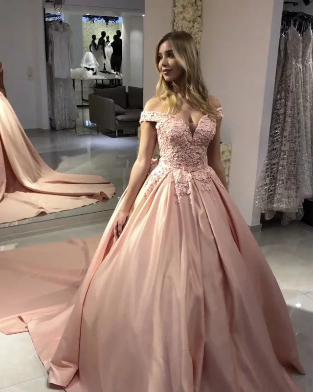 Blush Pink Wedding Dresses Ball Gowns Lace Off Shoulder