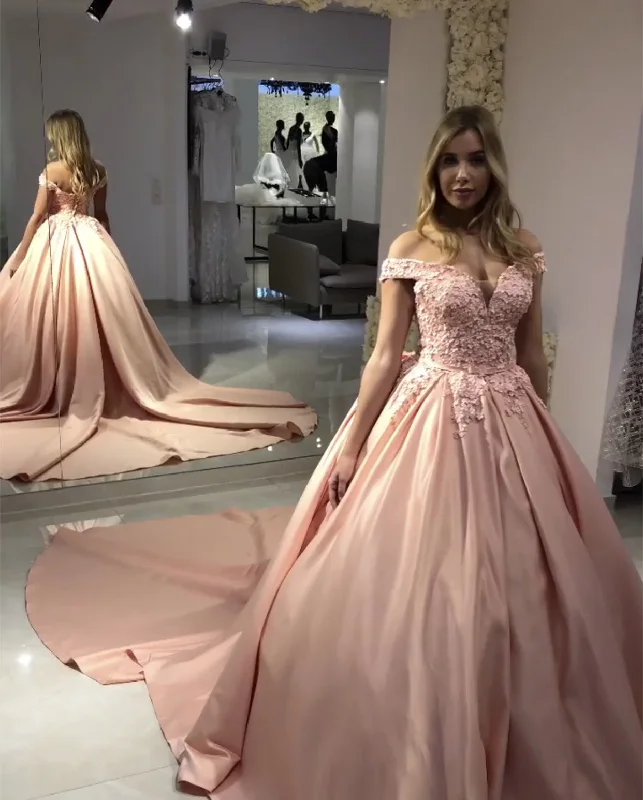 Blush Pink Wedding Dresses Ball Gowns Lace Off Shoulder