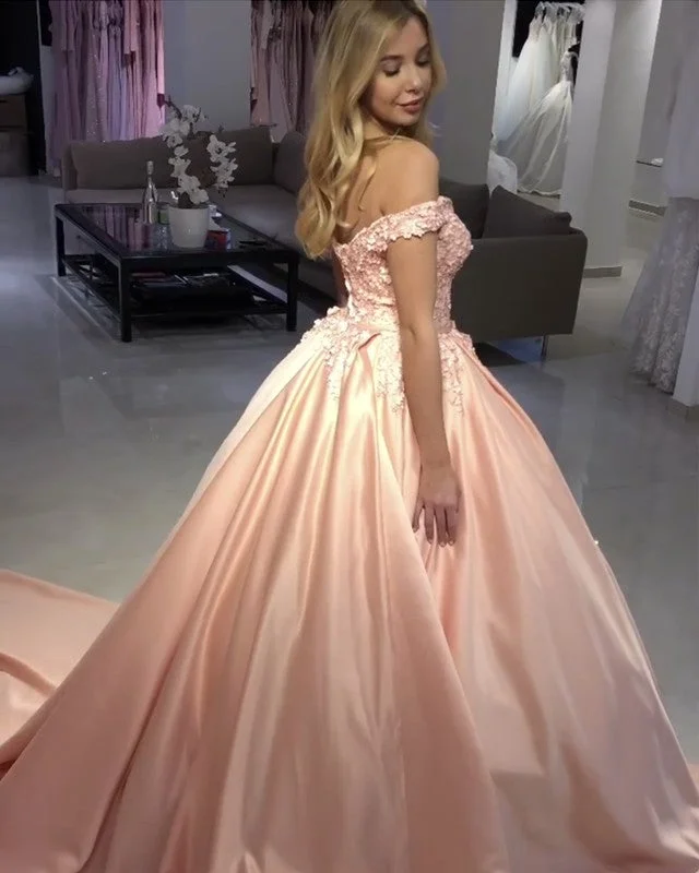 Blush Pink Wedding Dresses Ball Gowns Lace Off Shoulder