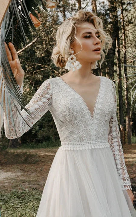 Boho | Country Backless Lace and Tulle Long Sleeve A-line Wedding Dress