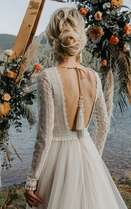 Boho | Country Backless Lace and Tulle Long Sleeve A-line Wedding Dress