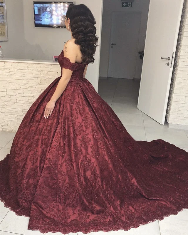 Burgundy Lace Ball Gown Off Shoulder Wedding Dresses