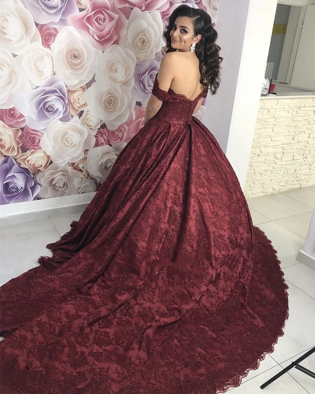 Burgundy Lace Ball Gown Off Shoulder Wedding Dresses