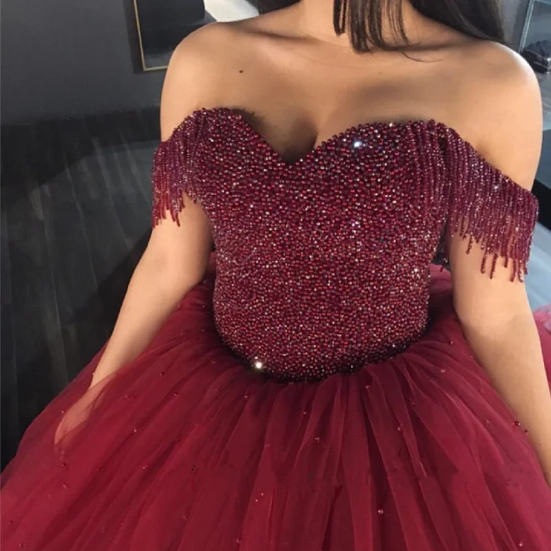 Burgundy Wedding Dresses Ball Gowns Off The Shoulder With Tassel