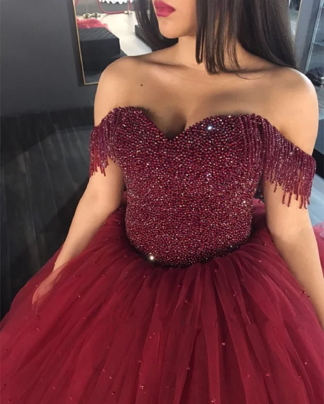 Burgundy Wedding Dresses Ball Gowns Off The Shoulder With Tassel