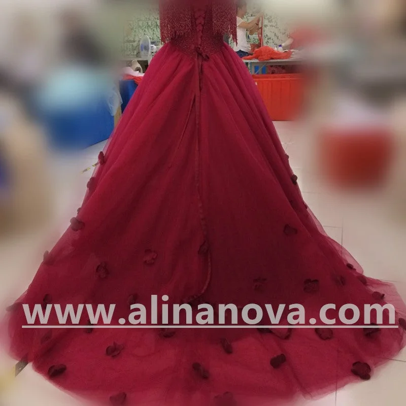 Burgundy Wedding Dresses Ball Gowns Off The Shoulder With Tassel