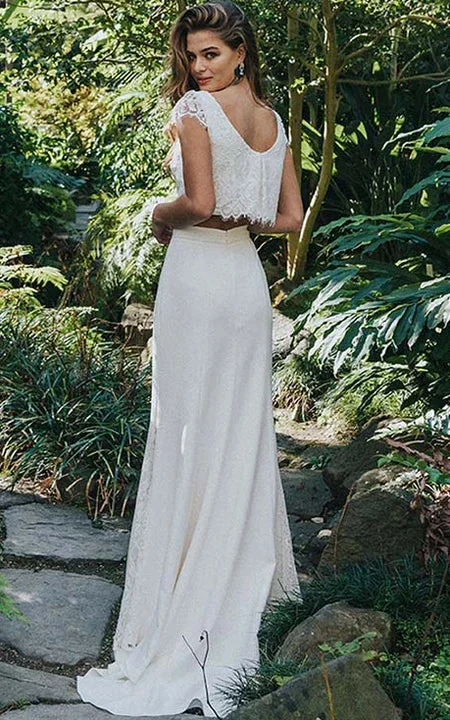 Casual Two Piece Sheath Lace Wedding Dress with Low-v Back