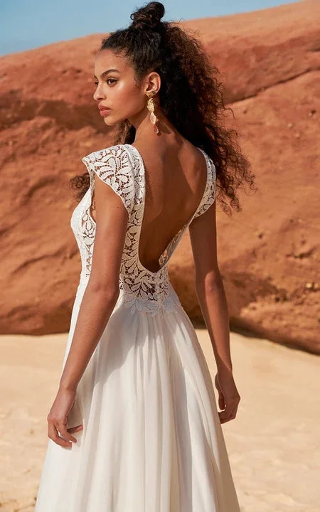 Casual V-neck Cap Sleeve Chiffon Wedding Dress with Low-v Back and Lace Top