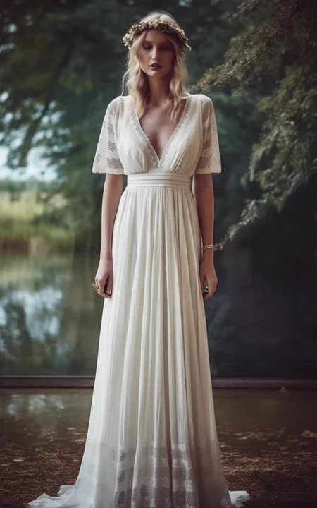 Casual V-neck Half-sleeve Godness Pleated Chiffon and Lace Wedding Dress