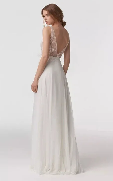 Deep-v Neck Sleeveless Empire Sheath Chiffon Wedding Dress with Bow and Lace Top