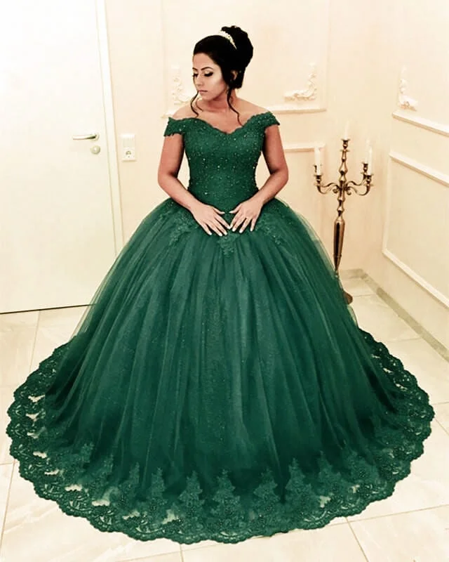 Emerald Green Ball Gown Appliques Dress