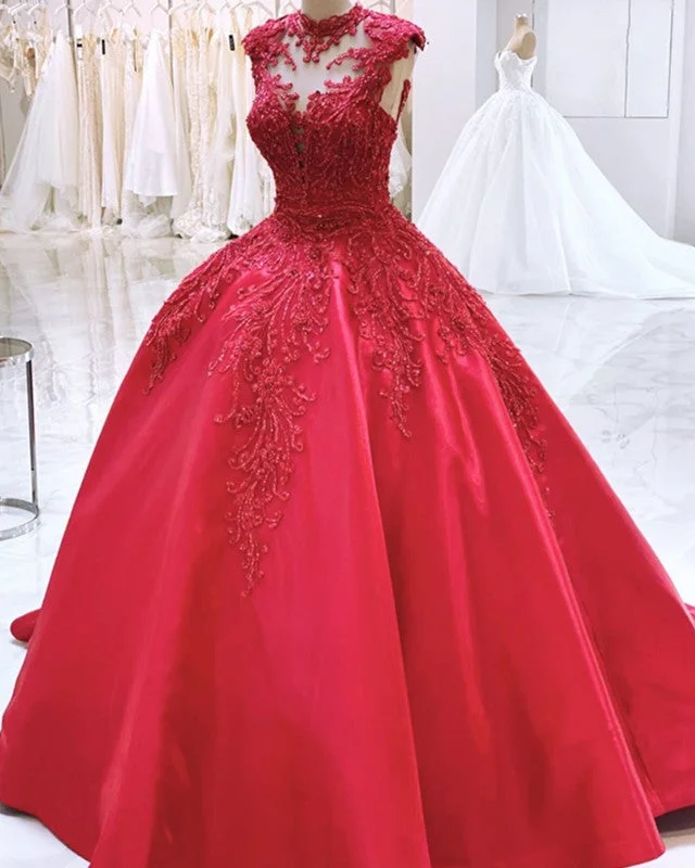 High Neck Ball Gown Satin Dresses Lace Embroidery Beaded