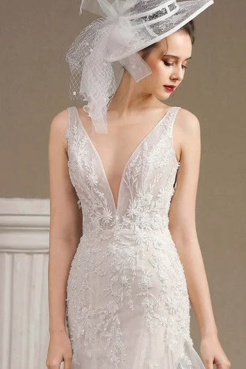 Illusion Plunging Mermaid Sleeveless Lace Open Back Wedding Dress With Appliques And Chapel Train