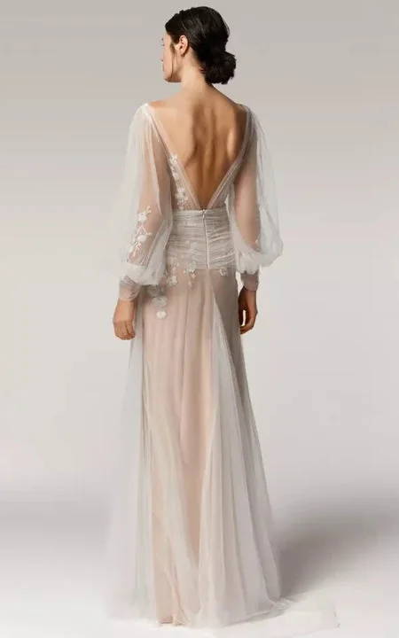 Illusion Puff-sleeve Ethereal Sheath Tulle and Lace Wedding Dress